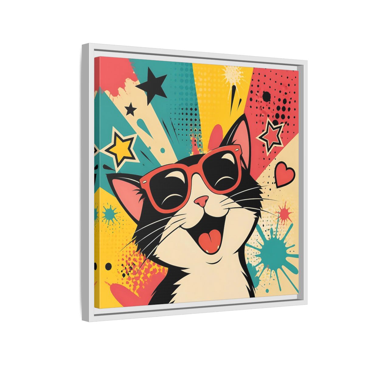 Side Mockup 10. Animals Happy Cat Colorful Cat shown as stretched canvas wall art