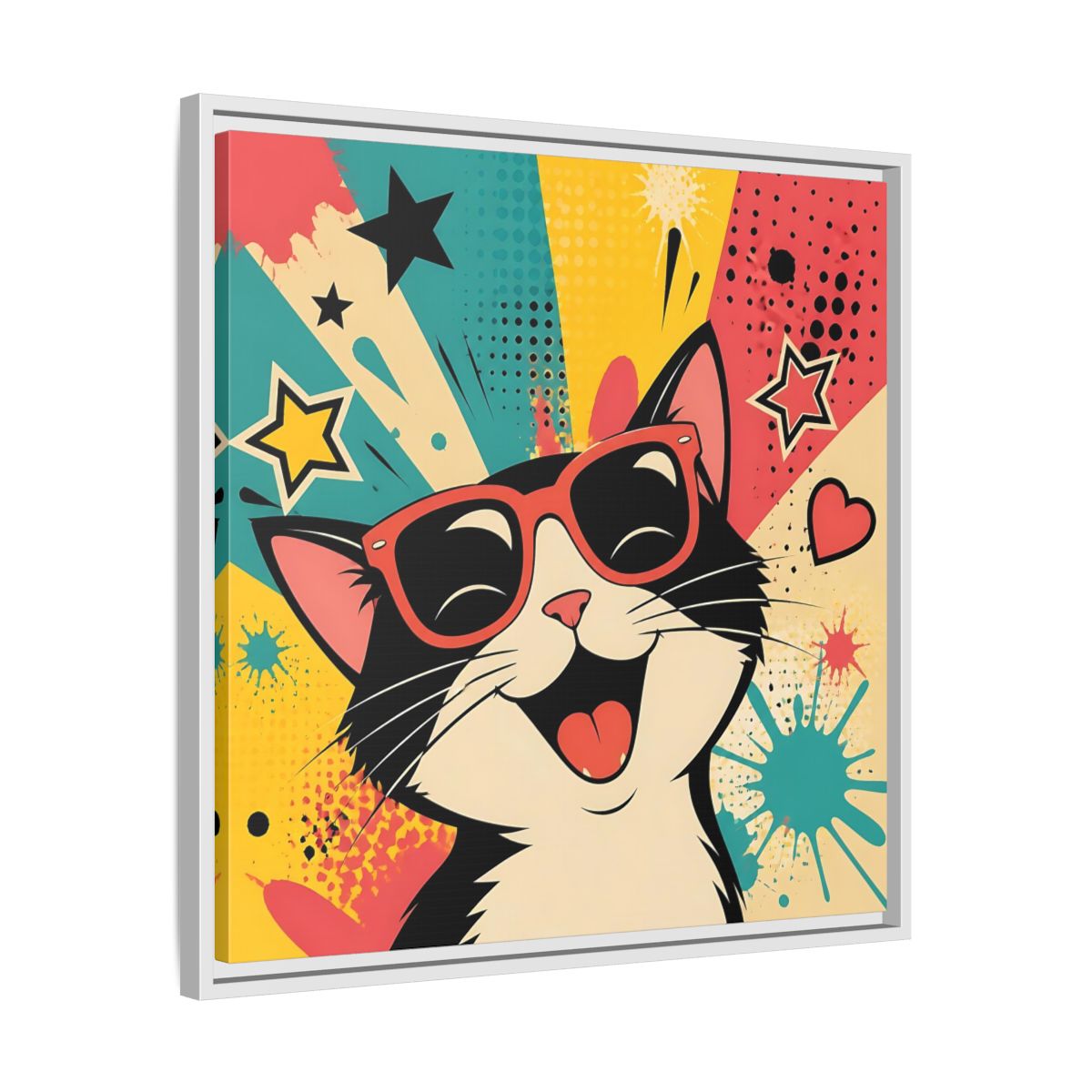 Side Mockup 26. Animals Happy Cat Colorful Cat shown as stretched canvas wall art