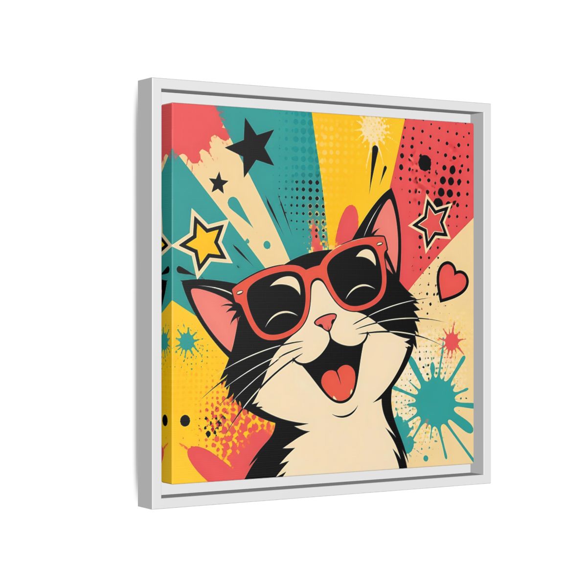 Side Mockup 13. Animals Happy Cat Colorful Cat shown as stretched canvas wall art