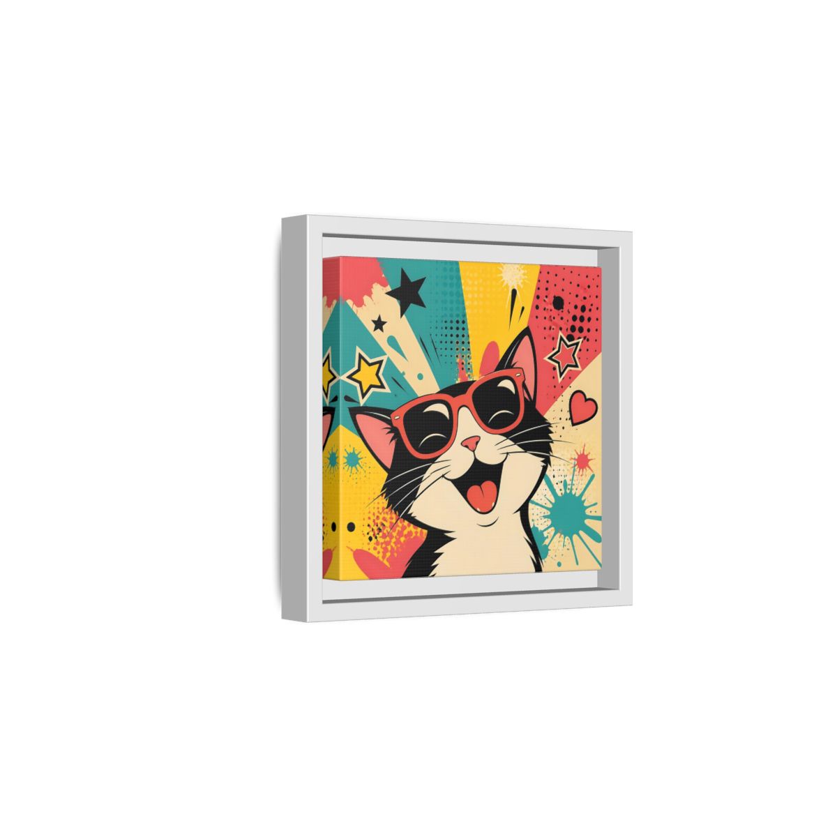Side Mockup 1. Animals Happy Cat Colorful Cat shown as stretched canvas wall art