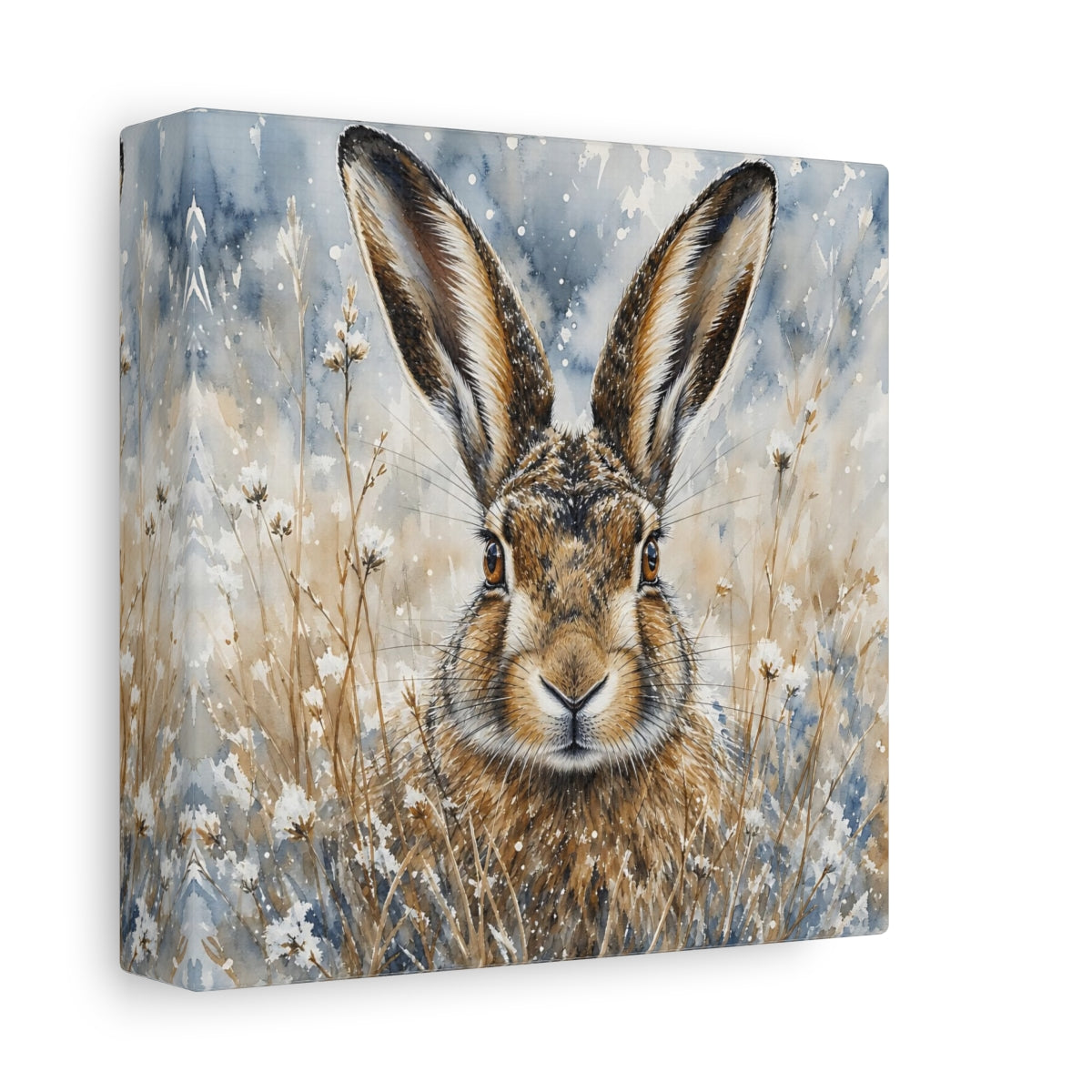 Side Mockup 2. Animals Hare Brown And Blue Hare shown as stretched canvas wall art