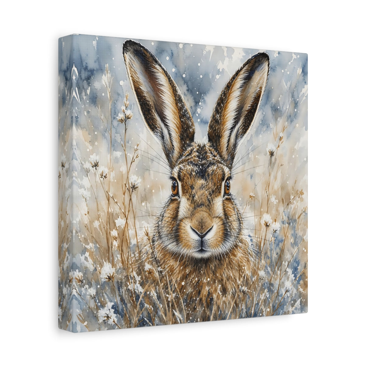 Side Mockup 9. Animals Hare Brown And Blue Hare shown as stretched canvas wall art