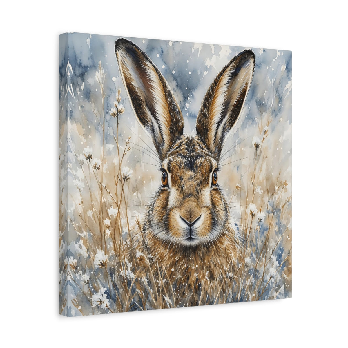 Side Mockup 6. Animals Hare Brown And Blue Hare shown as stretched canvas wall art