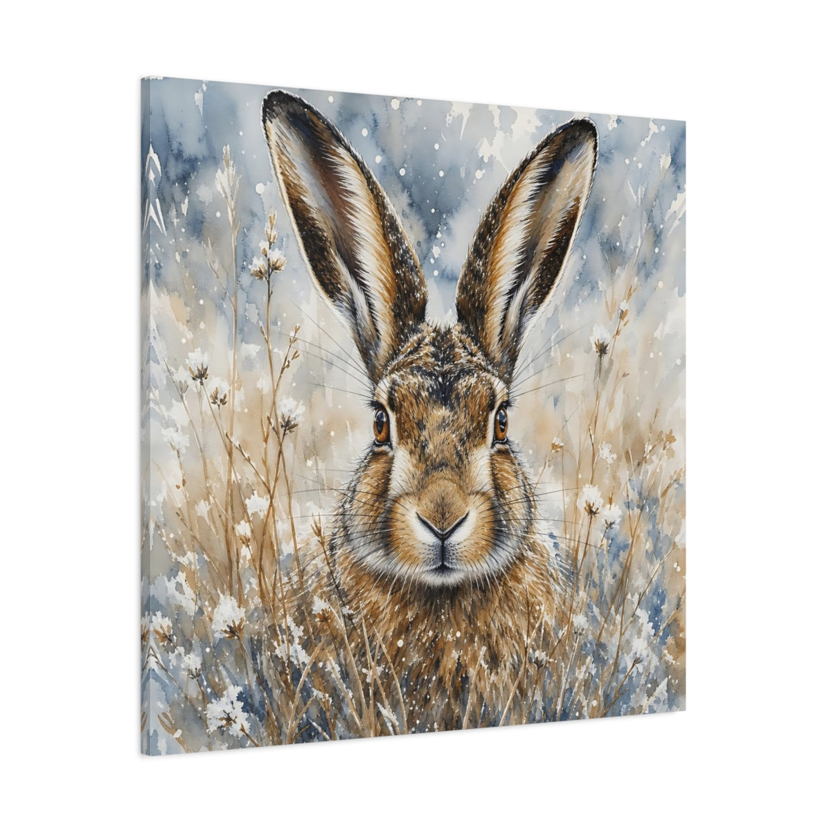 Side Mockup 1. Animals Hare Brown And Blue Hare shown as stretched canvas wall art