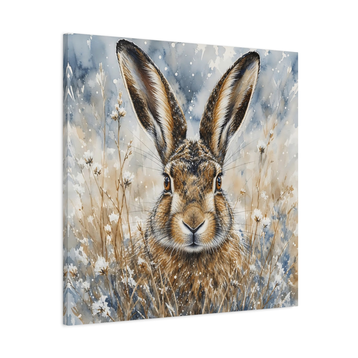 Side Mockup 3. Animals Hare Brown And Blue Hare shown as stretched canvas wall art