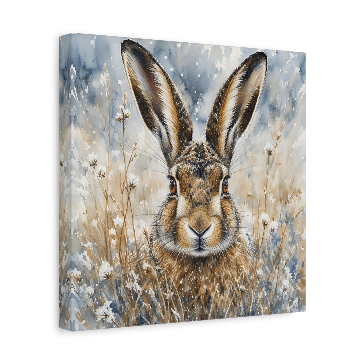 Side Mockup 8. Animals Hare Brown And Blue Hare shown as stretched canvas wall art