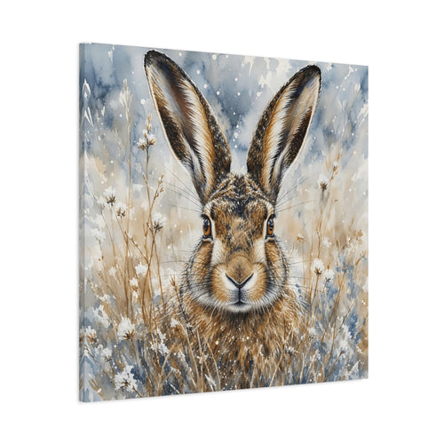 Main Mockup. Animals Hare Brown And Blue Hare shown as stretched canvas wall art