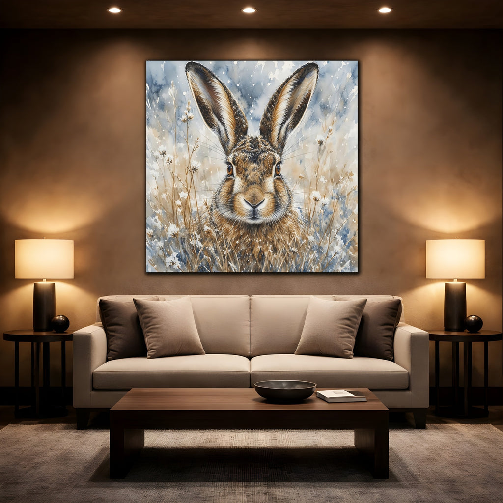 Mockup 2. Animals Hare Brown And Blue Hare shown as stretched canvas wall art
