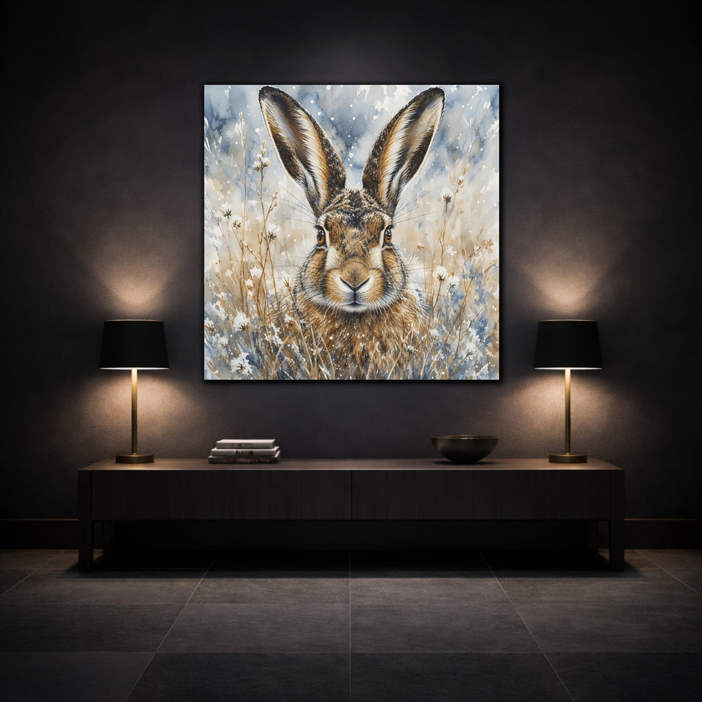 Mockup 3. Animals Hare Brown And Blue Hare shown as stretched canvas wall art