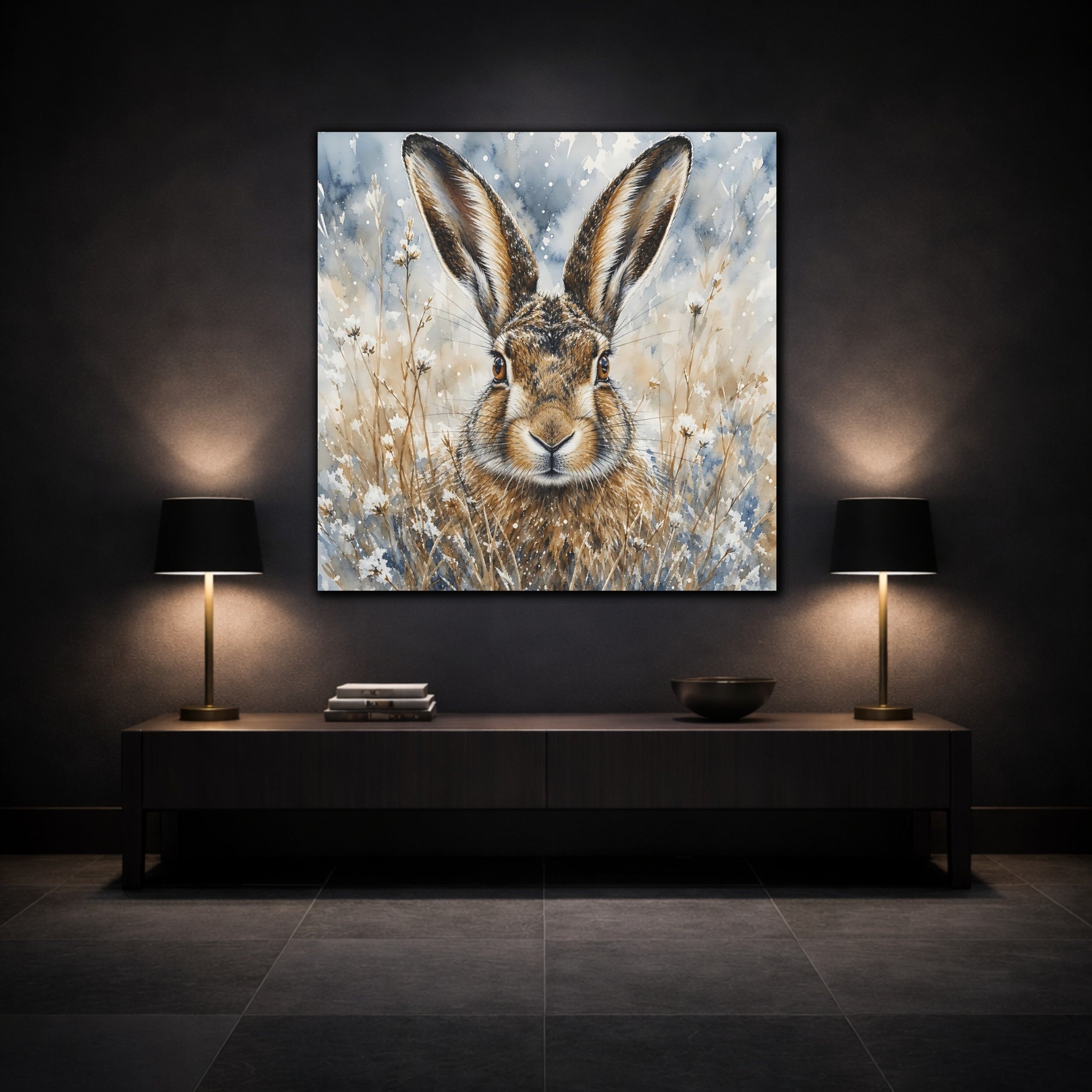 Mockup 3. Animals Hare Brown And Blue Hare shown as stretched canvas wall art