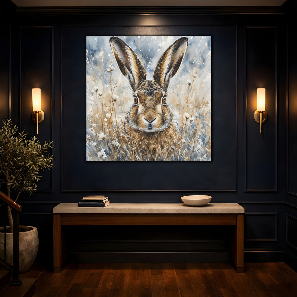 Mockup 4. Animals Hare Brown And Blue Hare shown as stretched canvas wall art