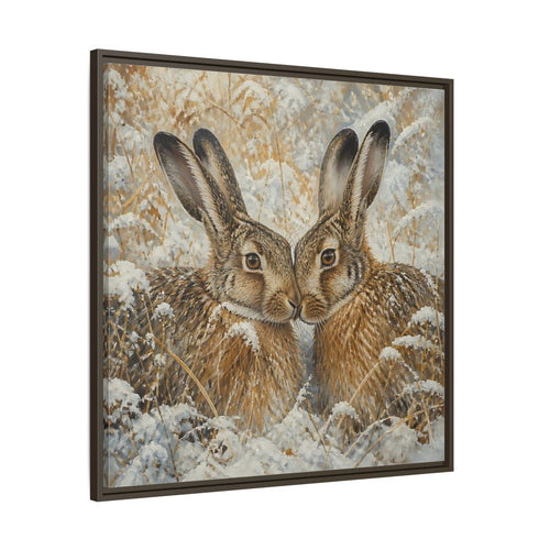 Main Mockup. Animals Hares Brown White Winter shown as stretched canvas wall art