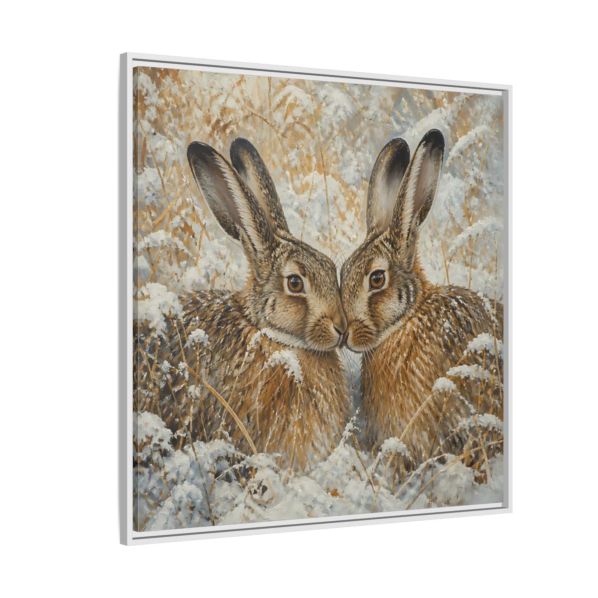 Side Mockup 4. Animals Hares Brown White Winter shown as stretched canvas wall art
