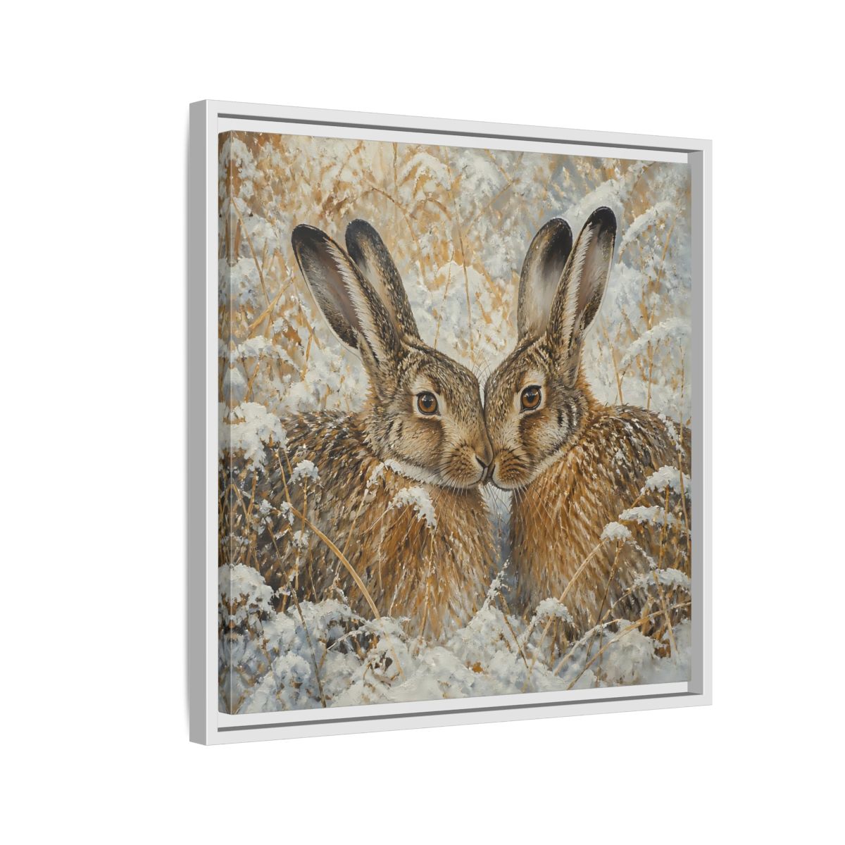 Side Mockup 10. Animals Hares Brown White Winter shown as stretched canvas wall art