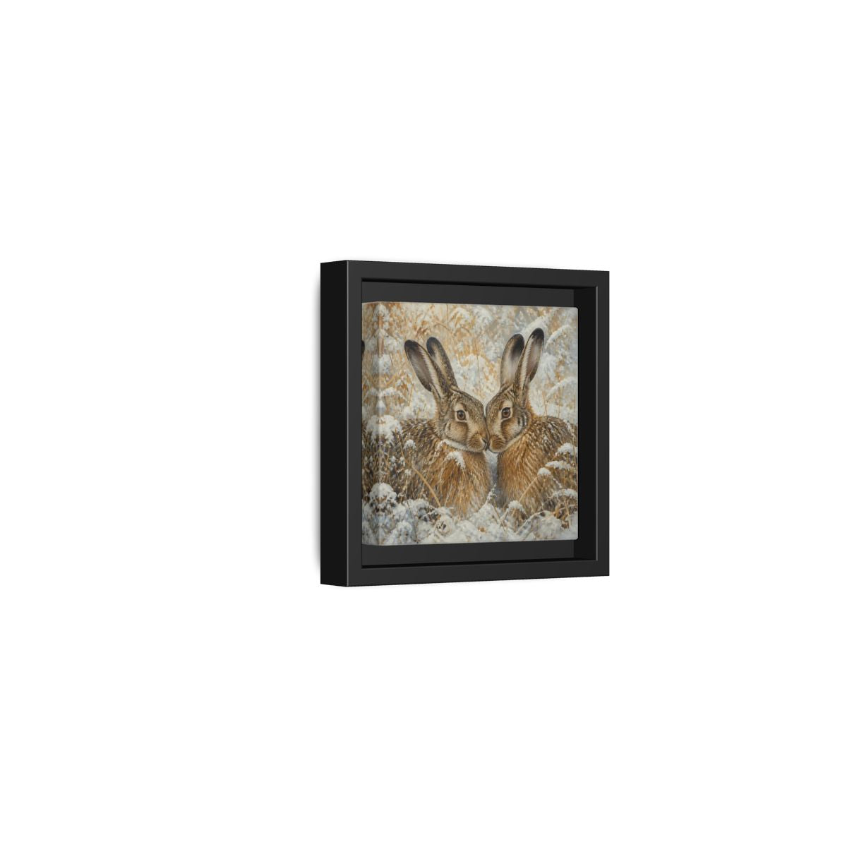 Side Mockup 24. Animals Hares Brown White Winter shown as stretched canvas wall art