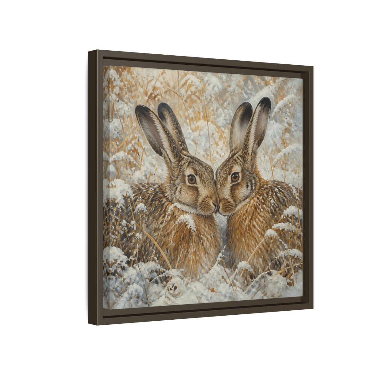 Side Mockup 14. Animals Hares Brown White Winter shown as stretched canvas wall art