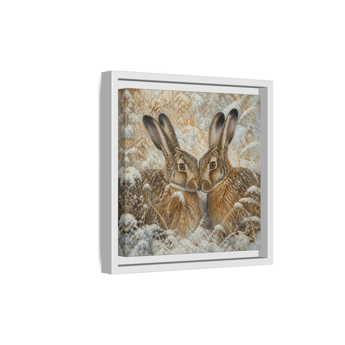Side Mockup 19. Animals Hares Brown White Winter shown as stretched canvas wall art