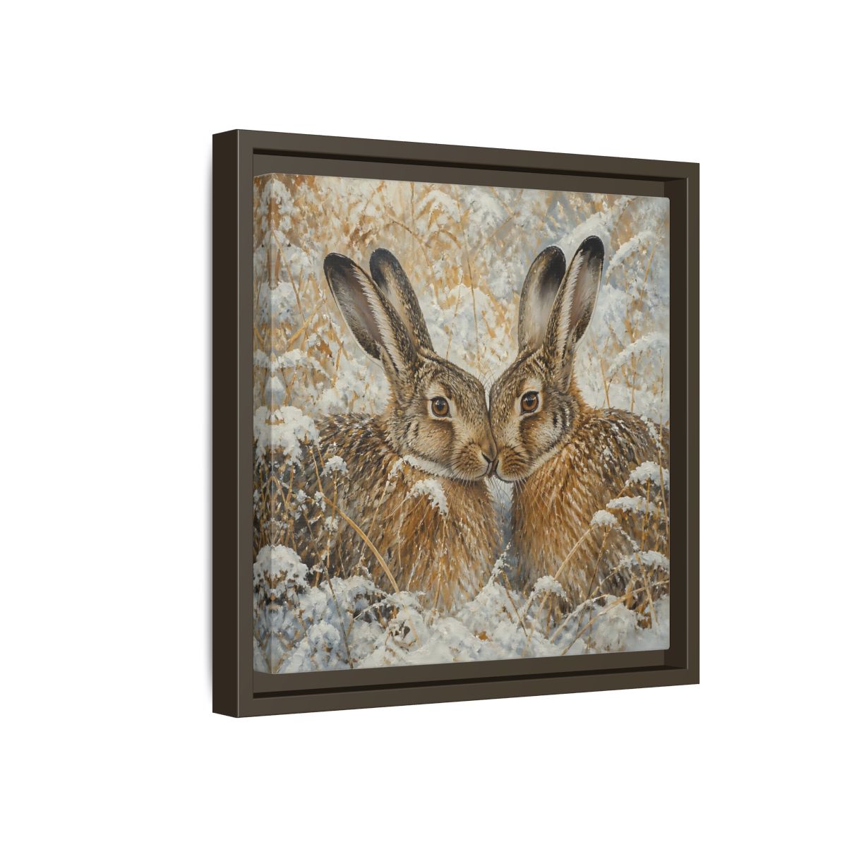 Side Mockup 17. Animals Hares Brown White Winter shown as stretched canvas wall art