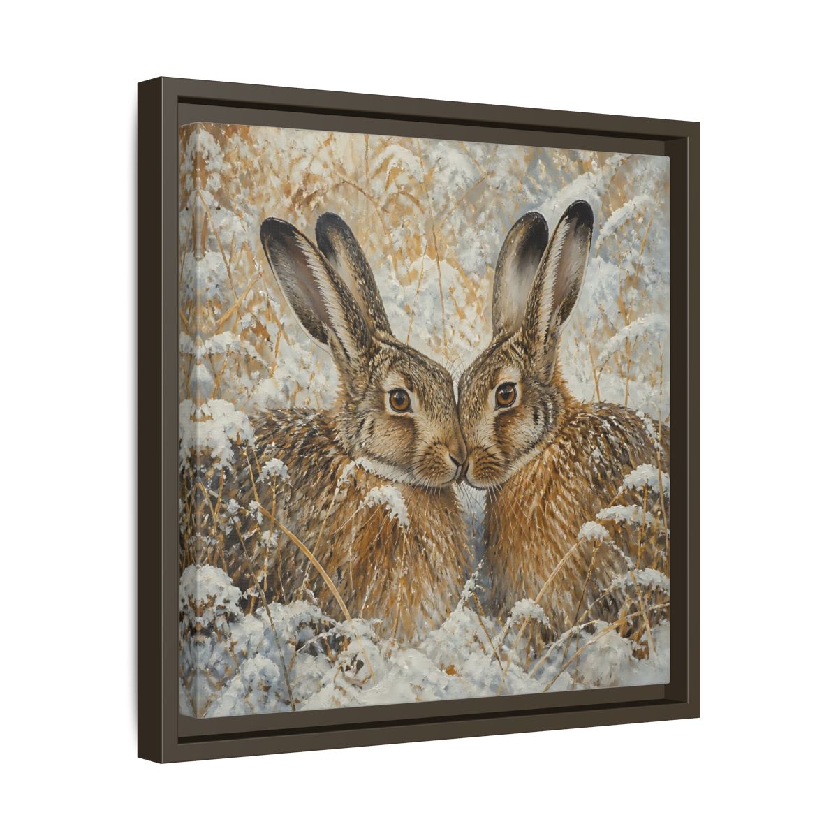 Side Mockup 29. Animals Hares Brown White Winter shown as stretched canvas wall art