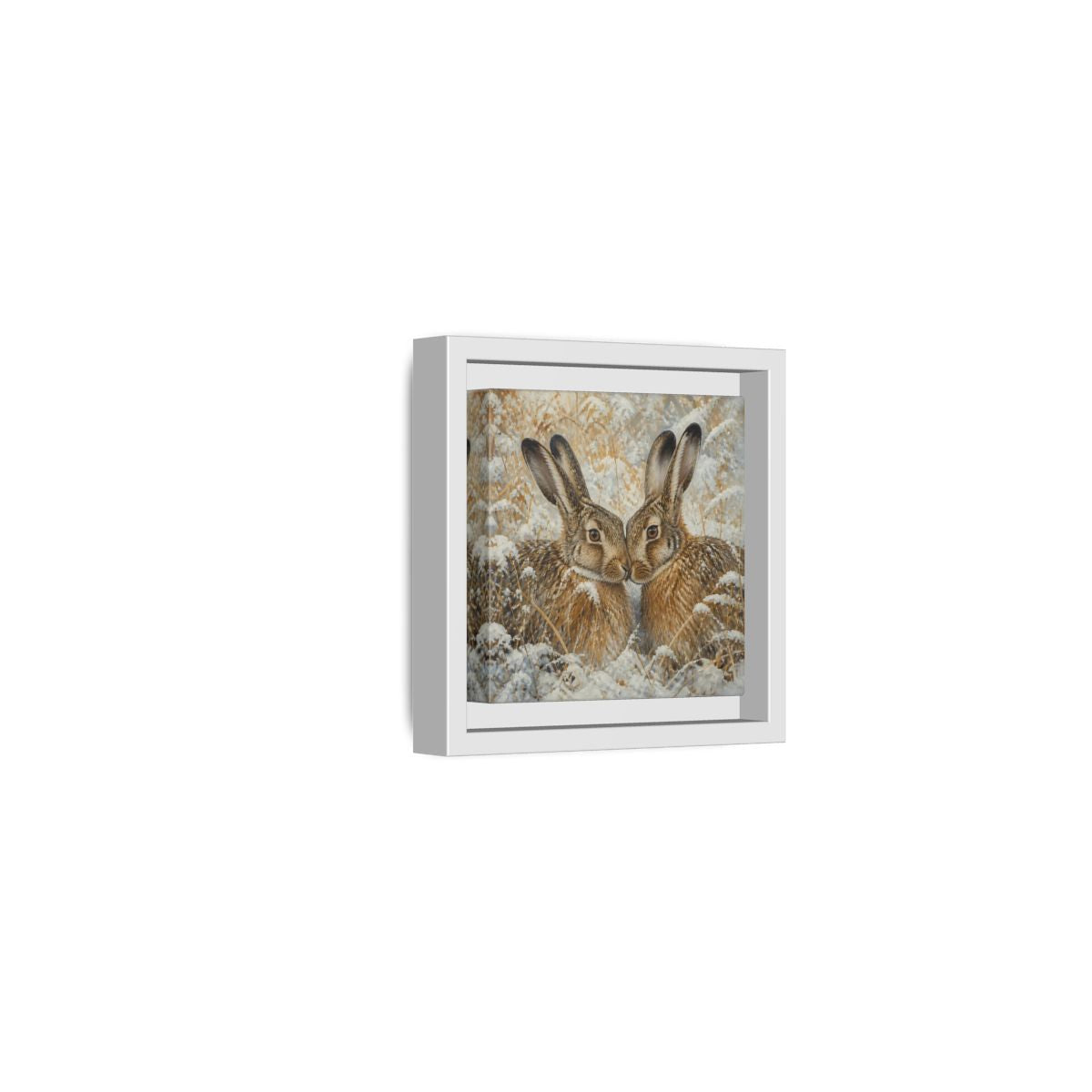 Side Mockup 22. Animals Hares Brown White Winter shown as stretched canvas wall art