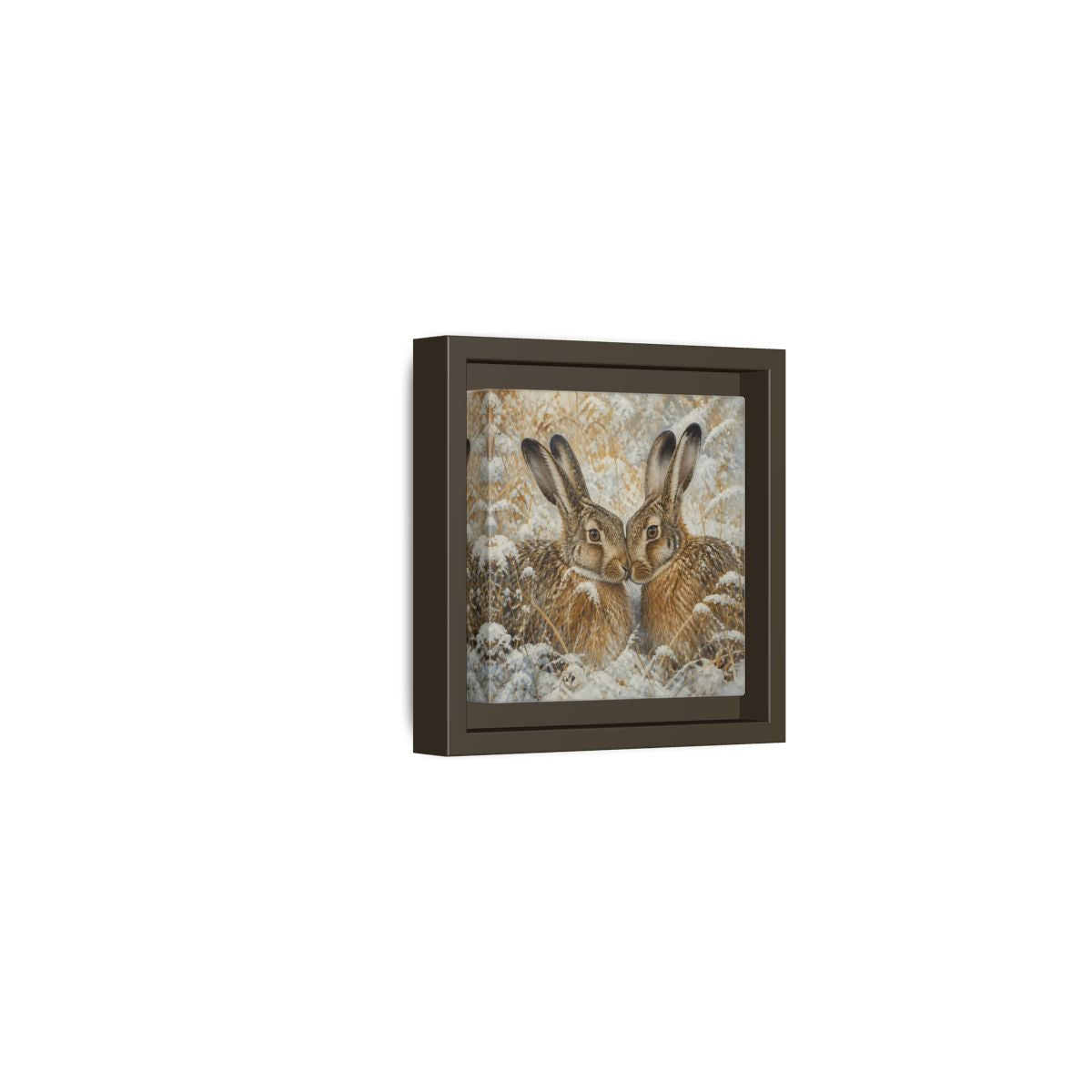 Side Mockup 23. Animals Hares Brown White Winter shown as stretched canvas wall art