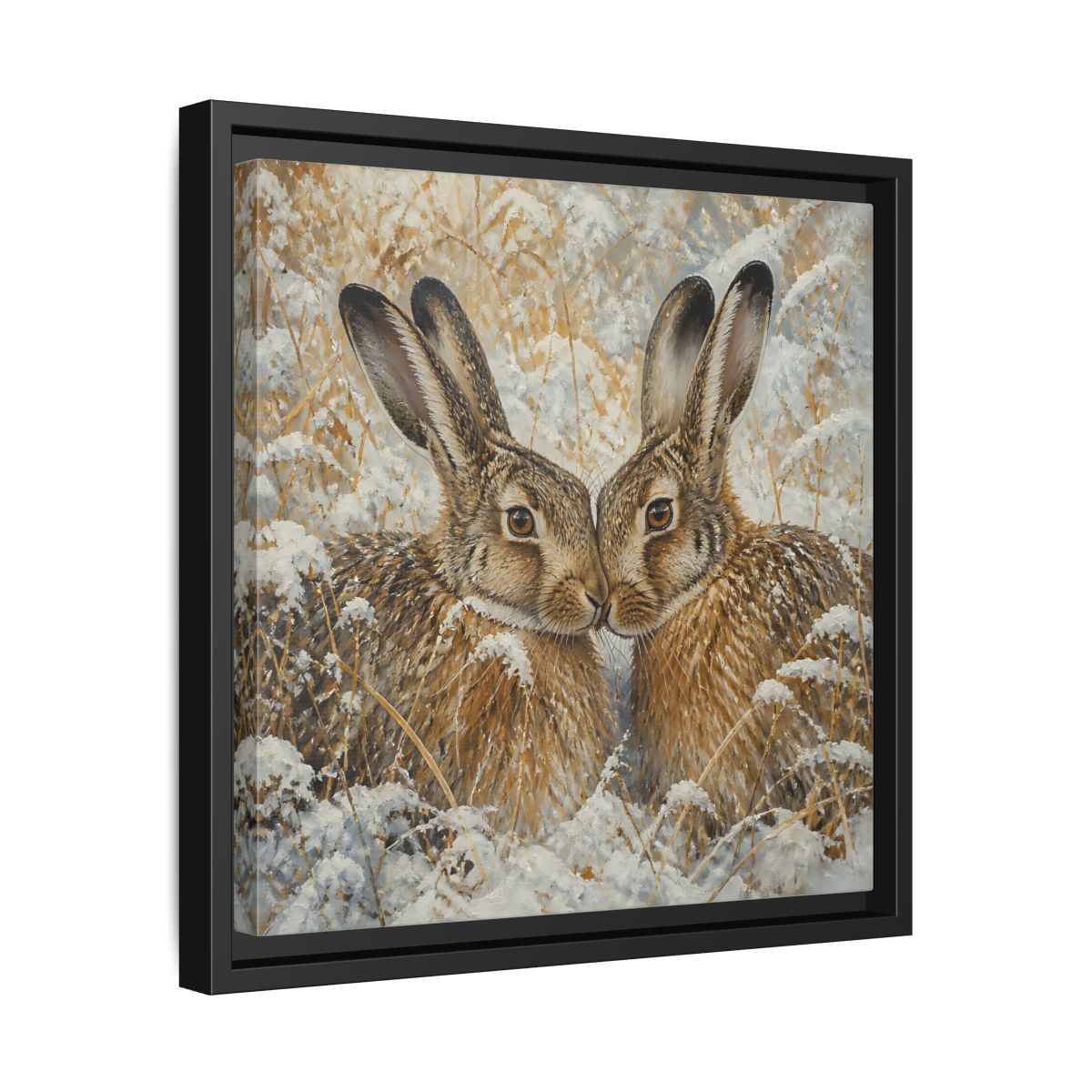 Side Mockup 32. Animals Hares Brown White Winter shown as stretched canvas wall art