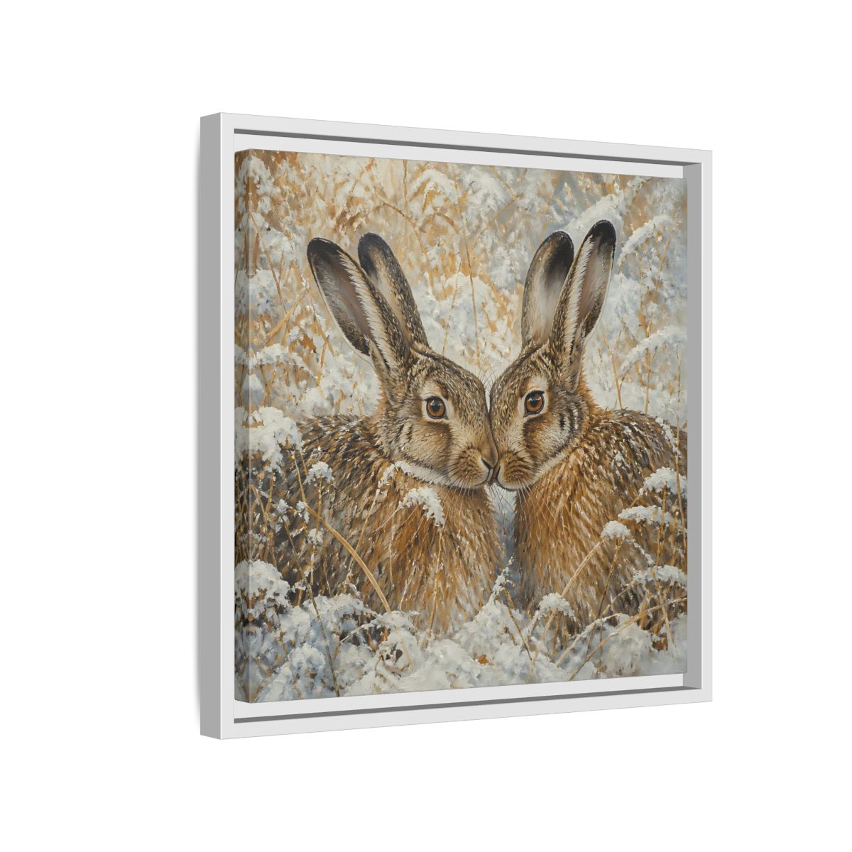 Side Mockup 13. Animals Hares Brown White Winter shown as stretched canvas wall art