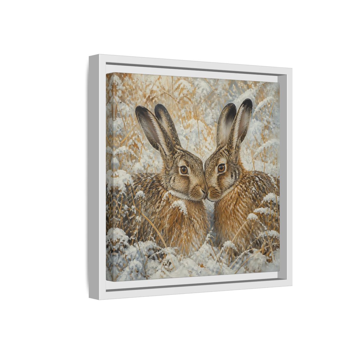 Side Mockup 16. Animals Hares Brown White Winter shown as stretched canvas wall art
