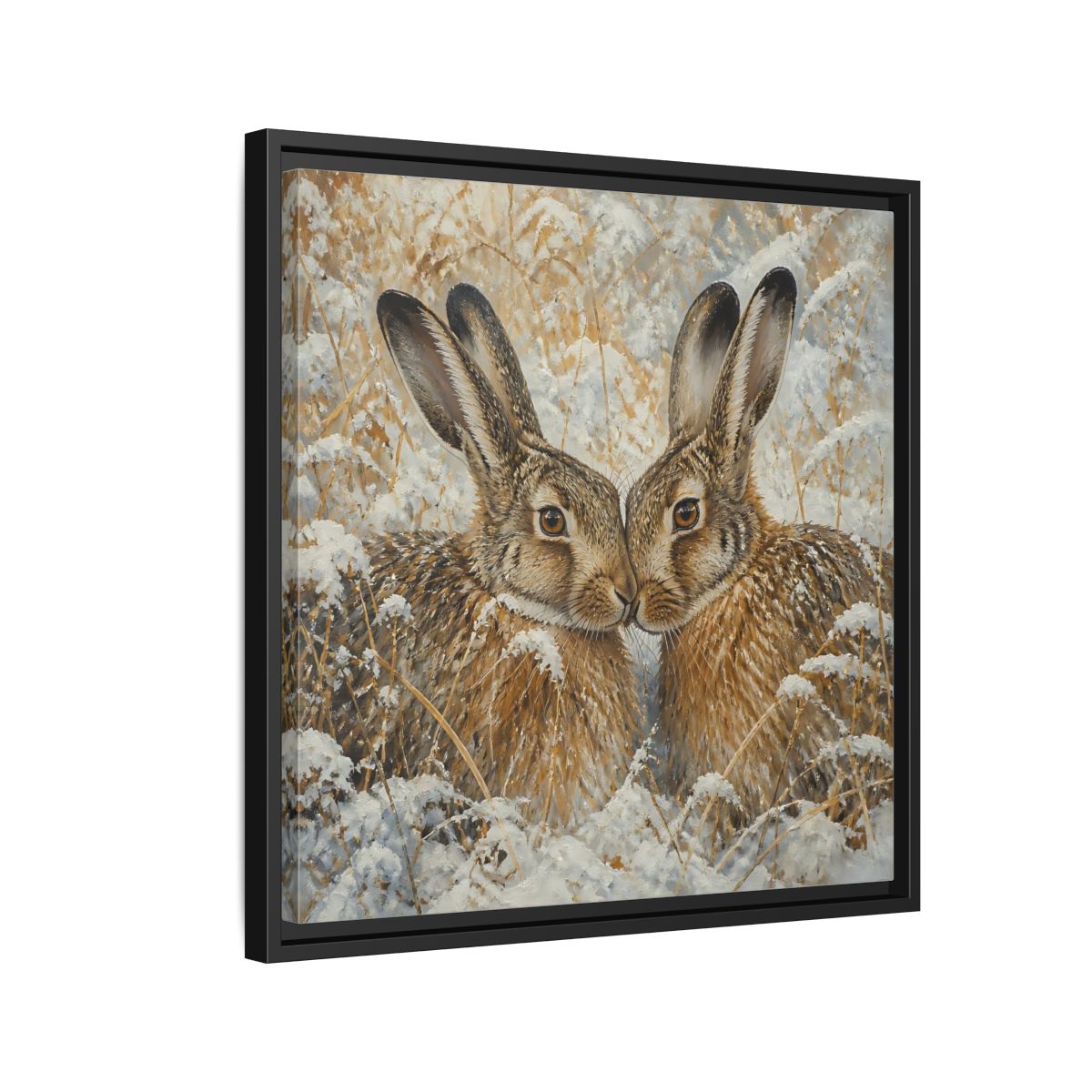 Side Mockup 12. Animals Hares Brown White Winter shown as stretched canvas wall art