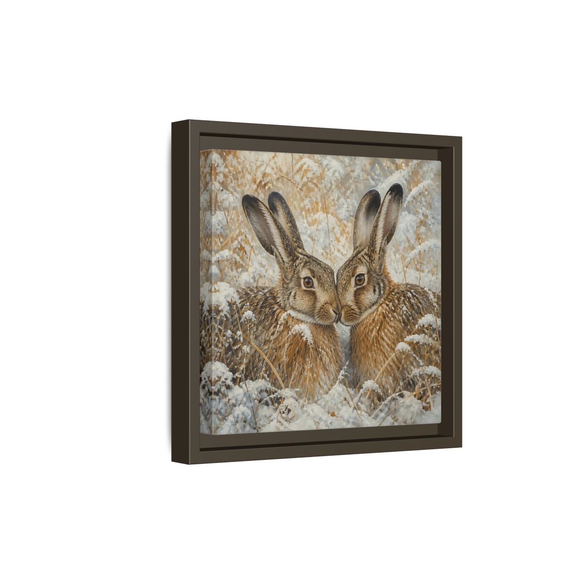 Side Mockup 20. Animals Hares Brown White Winter shown as stretched canvas wall art
