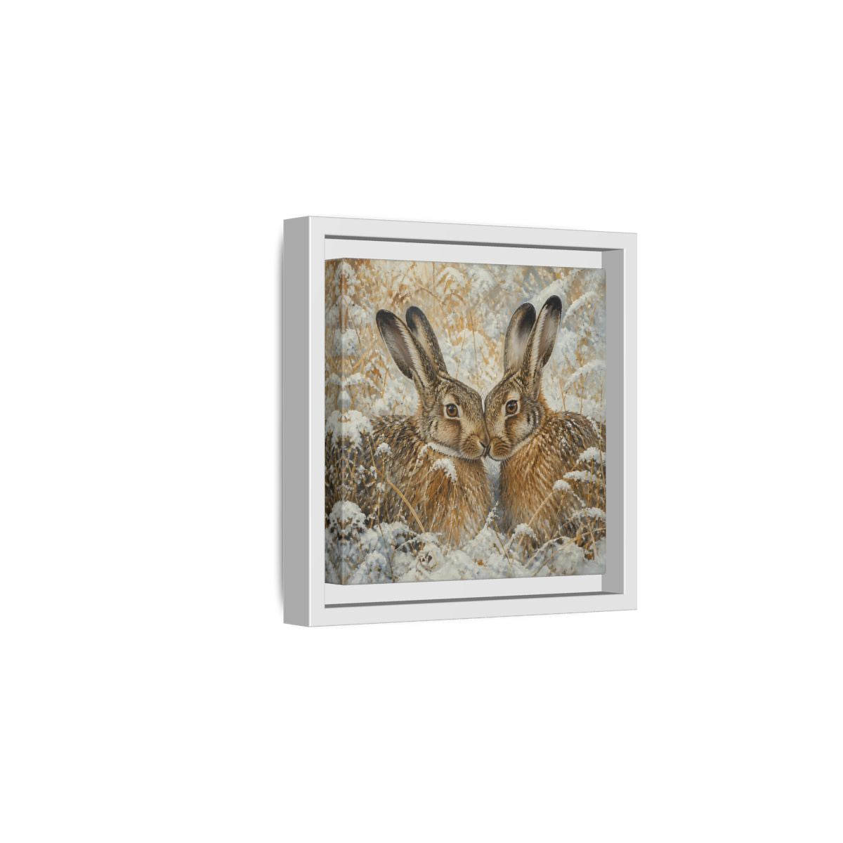 Side Mockup 1. Animals Hares Brown White Winter shown as stretched canvas wall art