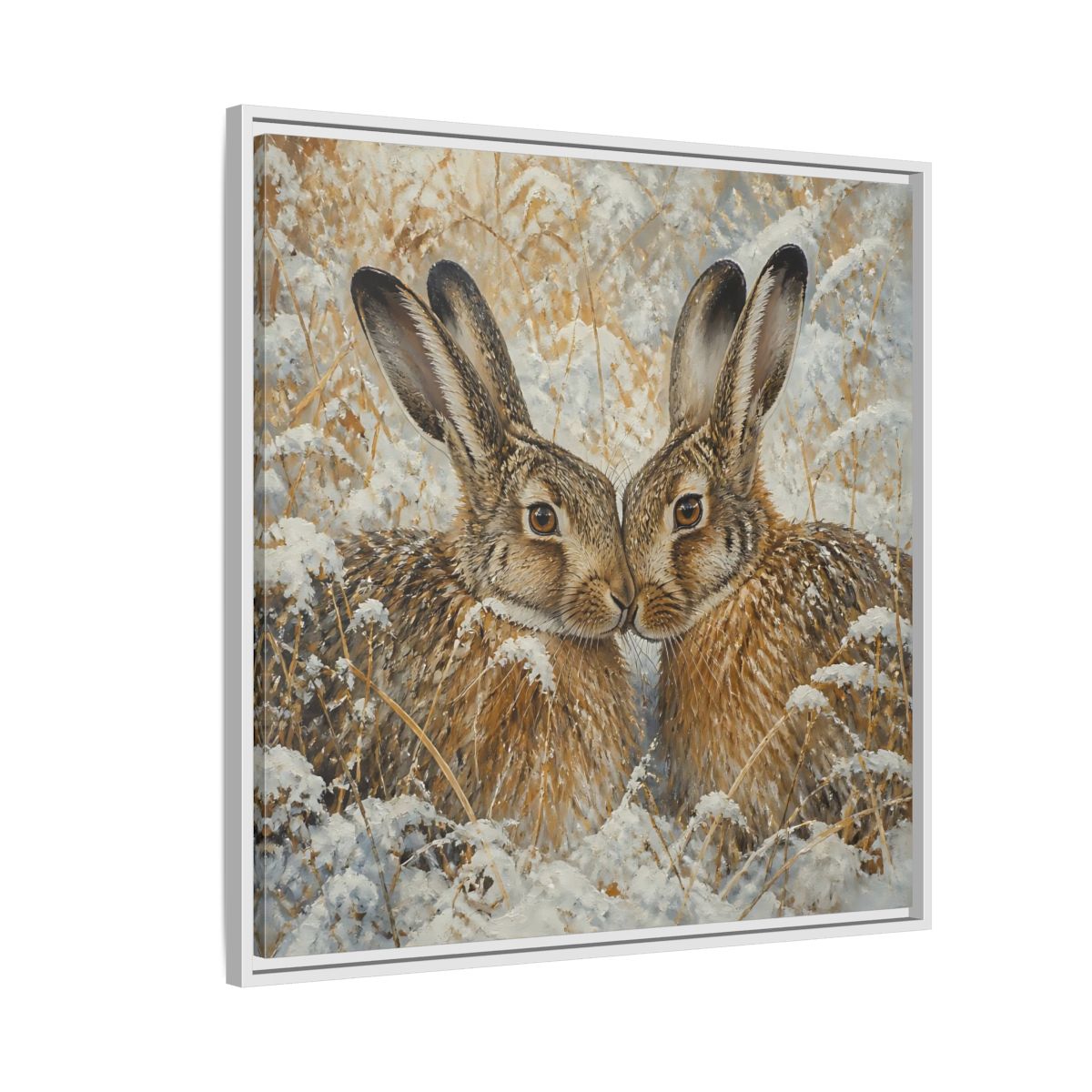Side Mockup 7. Animals Hares Brown White Winter shown as stretched canvas wall art