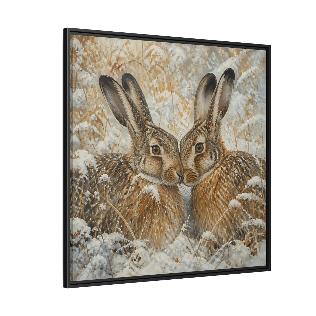 Side Mockup 6. Animals Hares Brown White Winter shown as stretched canvas wall art