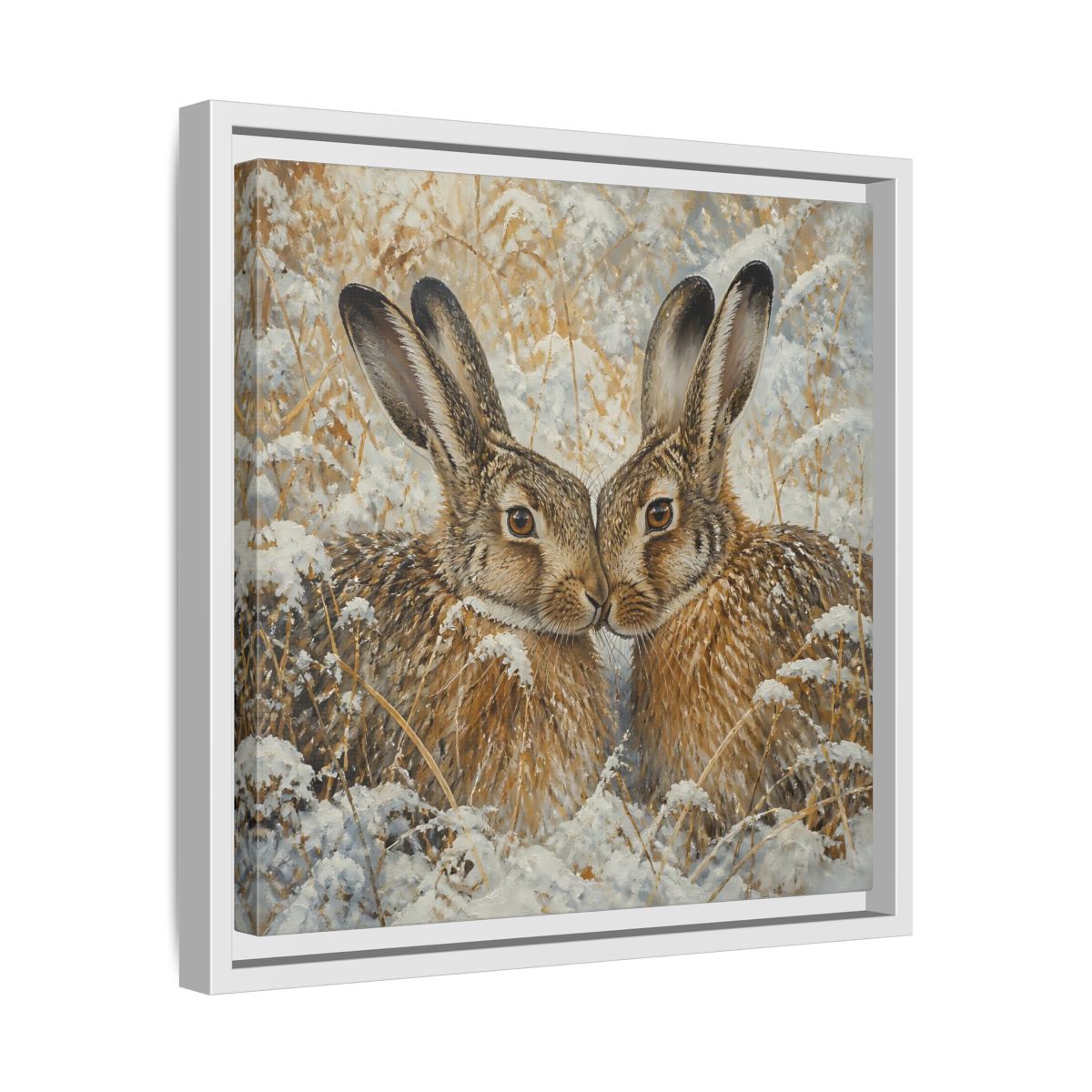 Side Mockup 28. Animals Hares Brown White Winter shown as stretched canvas wall art