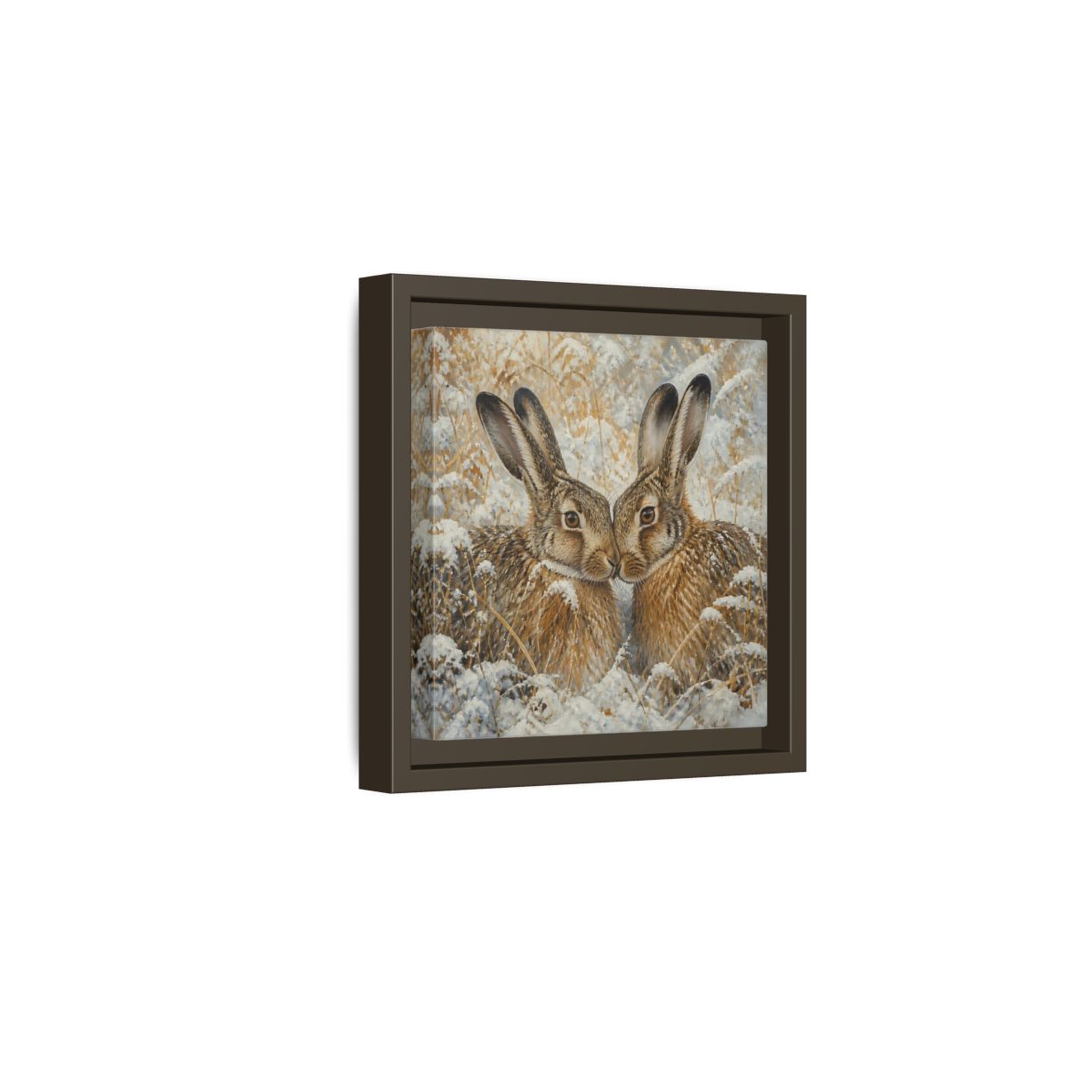 Side Mockup 2. Animals Hares Brown White Winter shown as stretched canvas wall art