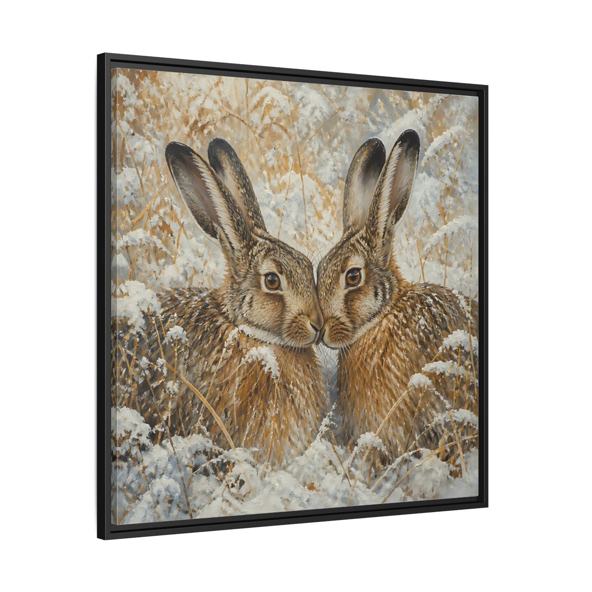 Side Mockup 30. Animals Hares Brown White Winter shown as stretched canvas wall art