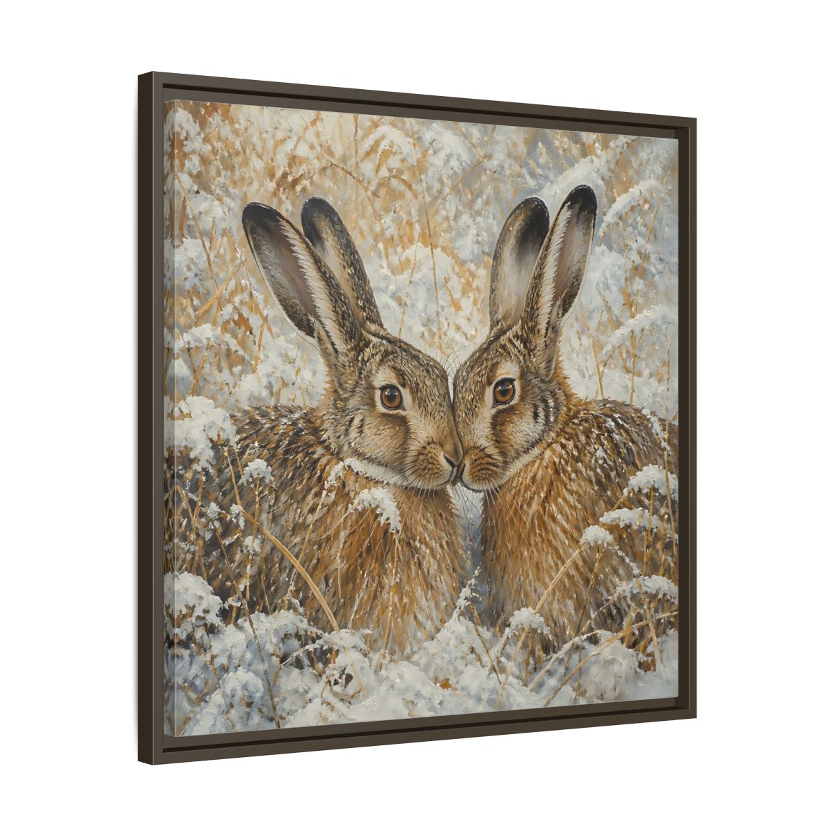 Side Mockup 27. Animals Hares Brown White Winter shown as stretched canvas wall art