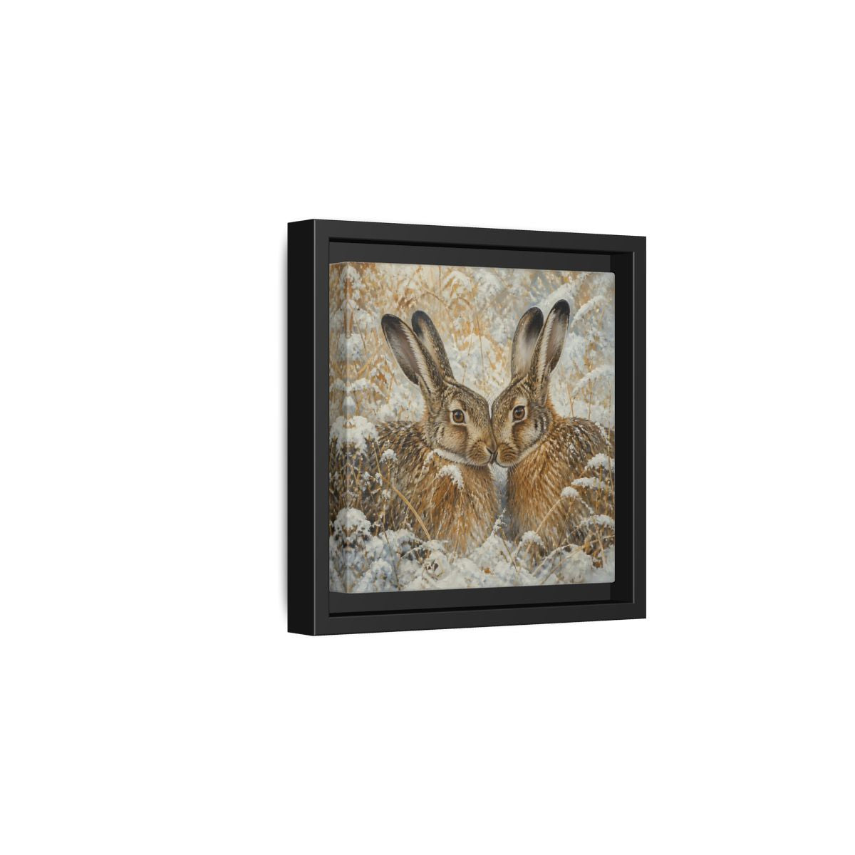 Side Mockup 3. Animals Hares Brown White Winter shown as stretched canvas wall art
