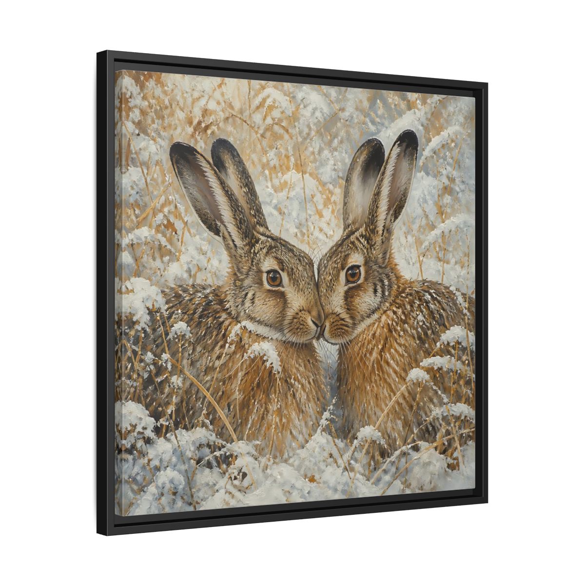 Side Mockup 31. Animals Hares Brown White Winter shown as stretched canvas wall art