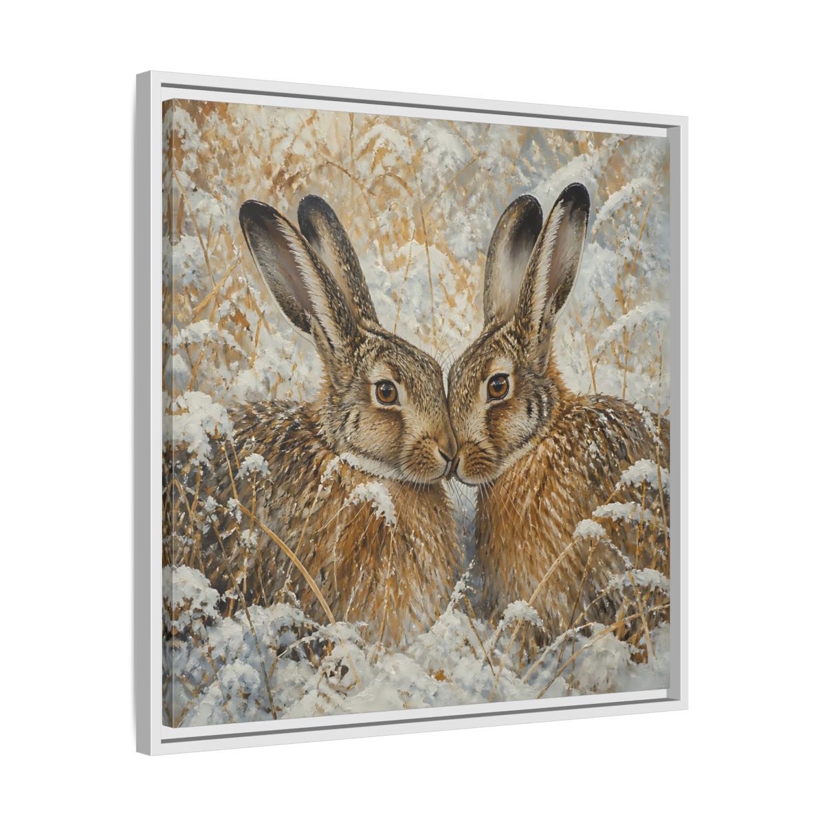 Side Mockup 26. Animals Hares Brown White Winter shown as stretched canvas wall art