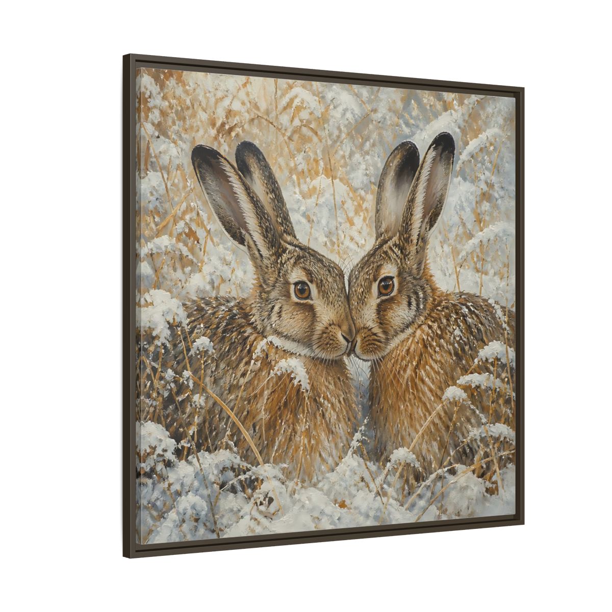 Side Mockup 5. Animals Hares Brown White Winter shown as stretched canvas wall art