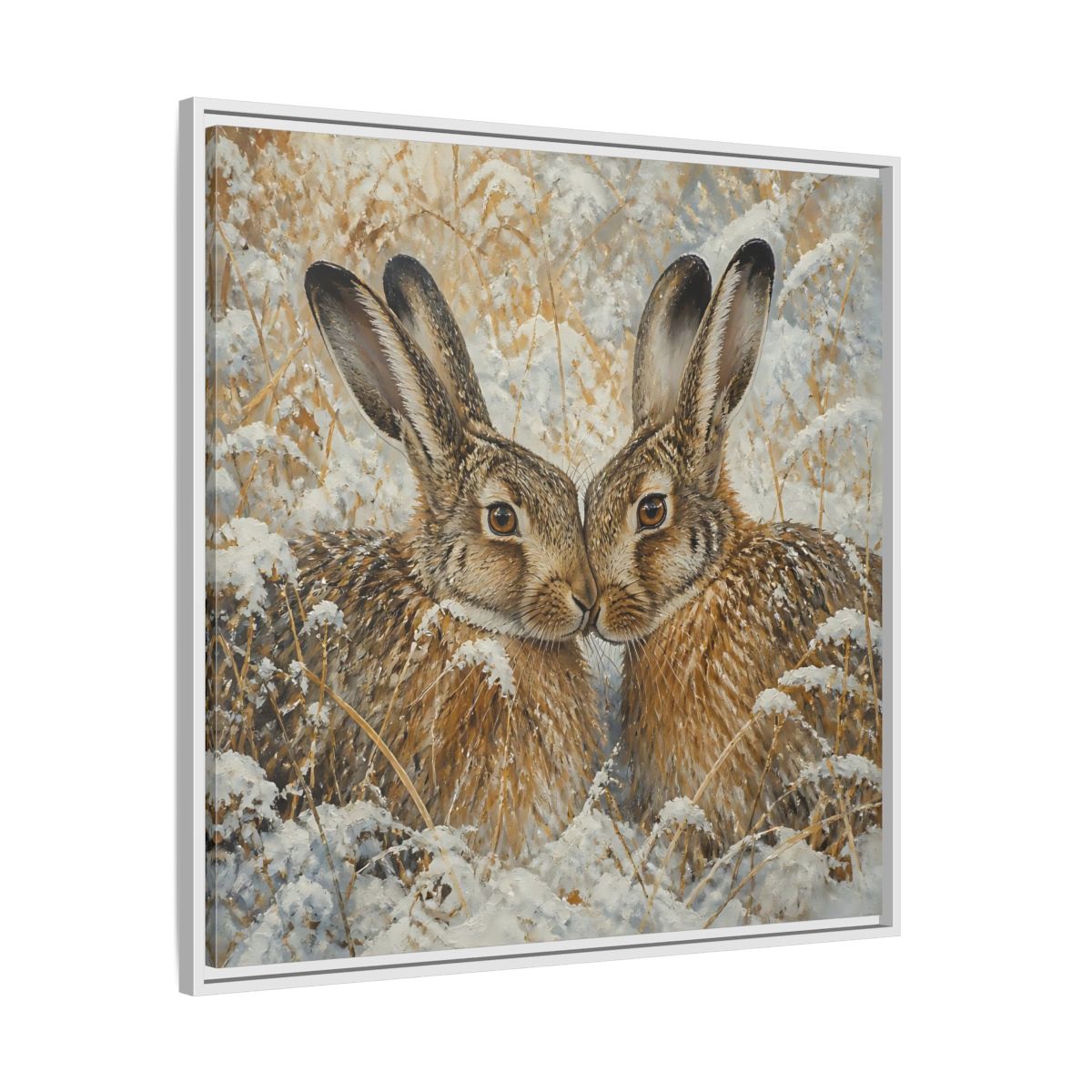 Side Mockup 25. Animals Hares Brown White Winter shown as stretched canvas wall art