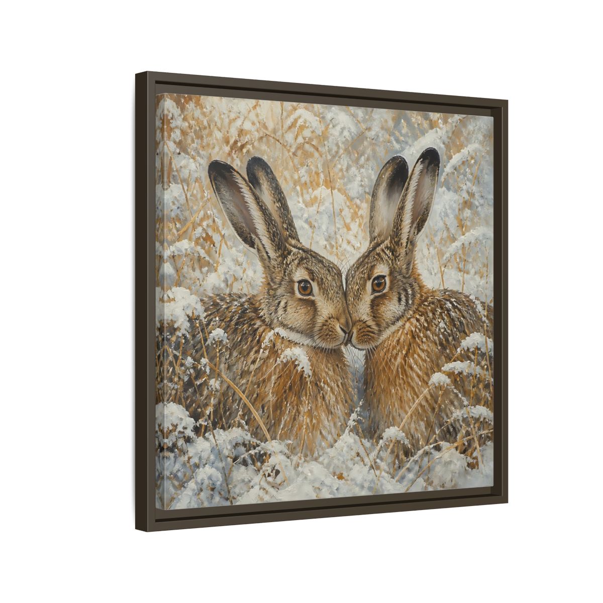 Side Mockup 11. Animals Hares Brown White Winter shown as stretched canvas wall art
