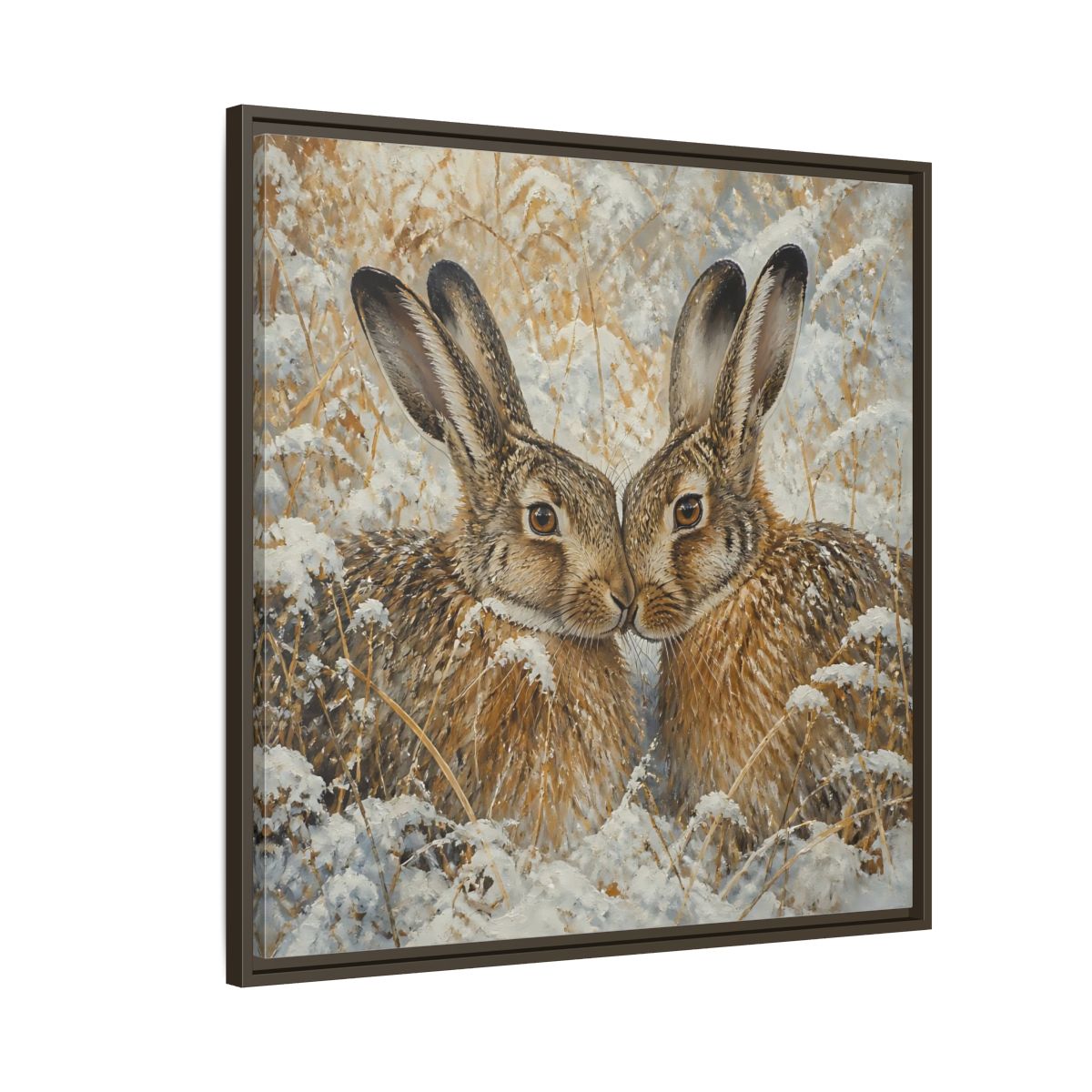 Side Mockup 8. Animals Hares Brown White Winter shown as stretched canvas wall art