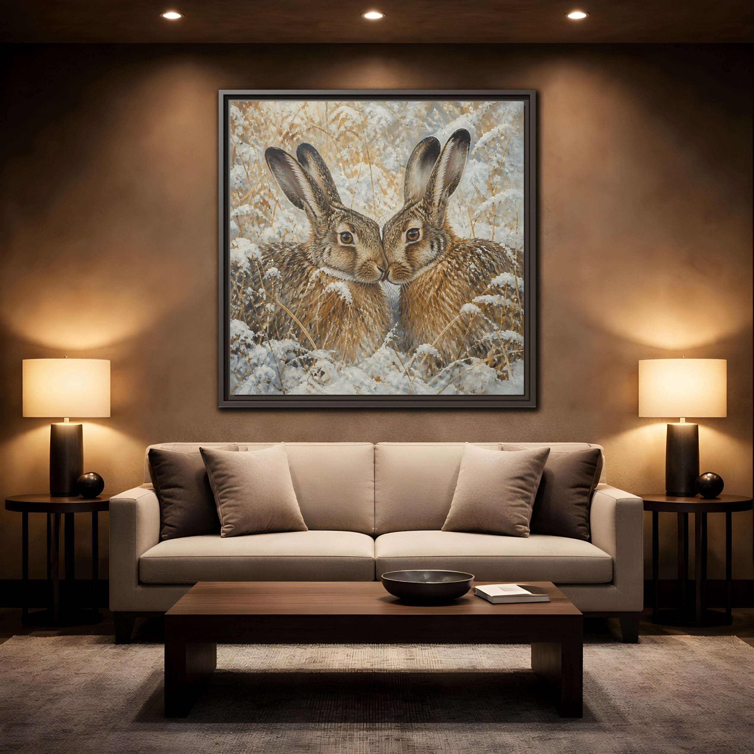 Mockup 2. Animals Hares Brown White Winter shown as stretched canvas wall art