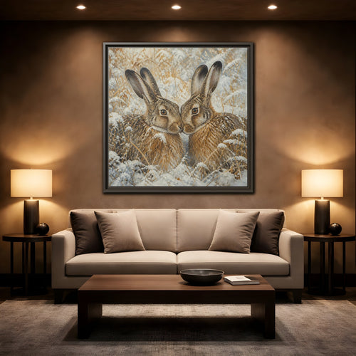 Mockup 2. Animals Hares Brown White Winter shown as stretched canvas wall art