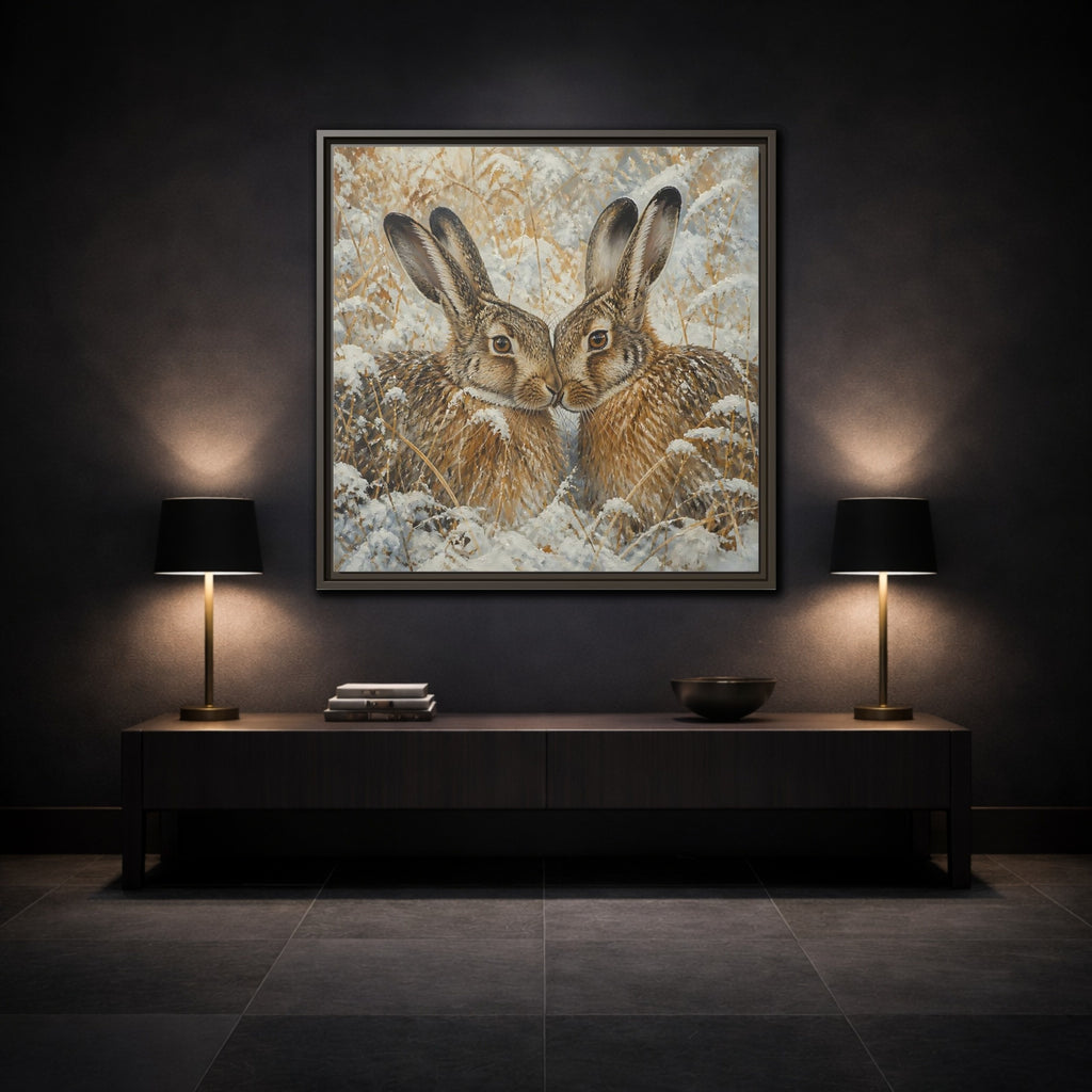 Mockup 3. Animals Hares Brown White Winter shown as stretched canvas wall art