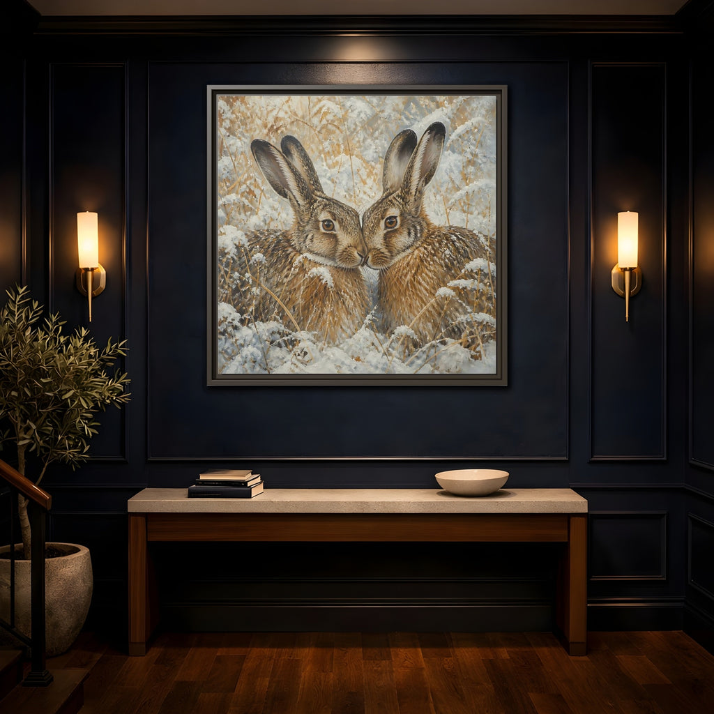 Mockup 4. Animals Hares Brown White Winter shown as stretched canvas wall art