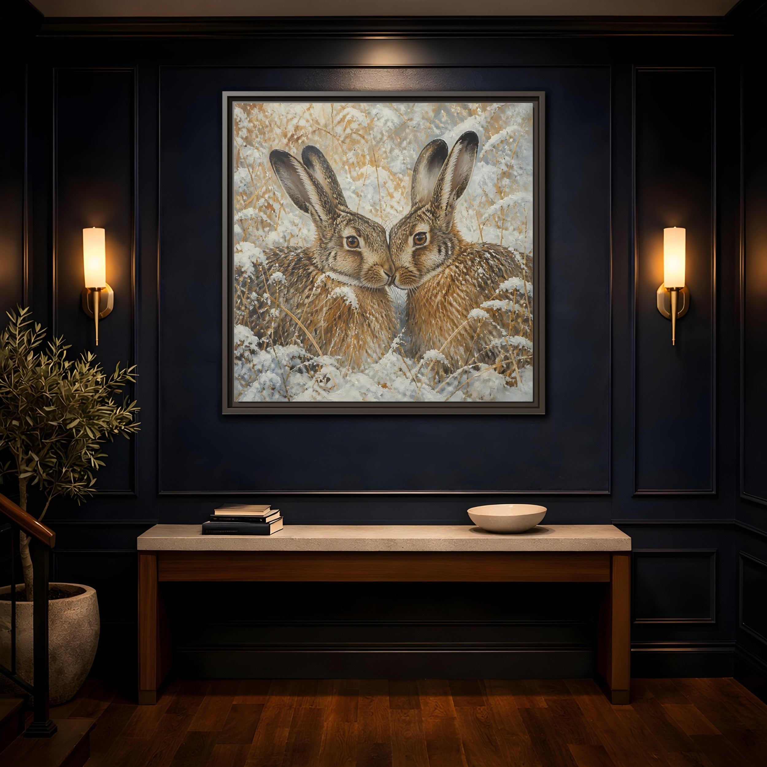 Mockup 4. Animals Hares Brown White Winter shown as stretched canvas wall art