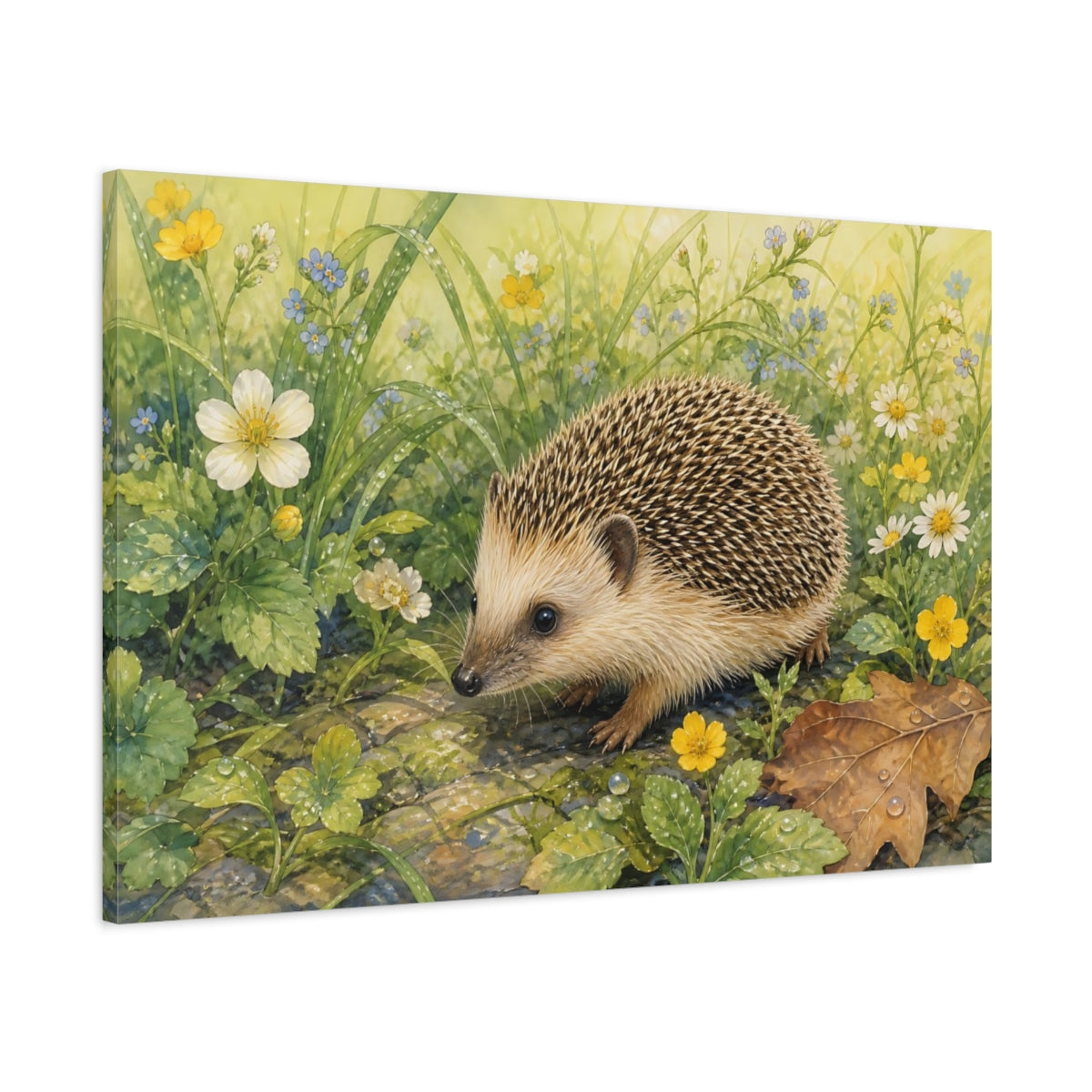 Main Mockup. Animals Hedgehog Hedgehog Wildflowers shown as canvas print